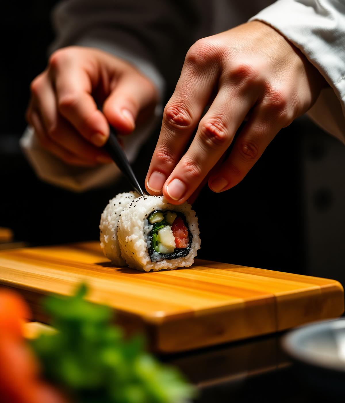 Chef préparant un maki à la main sur une planche en bois